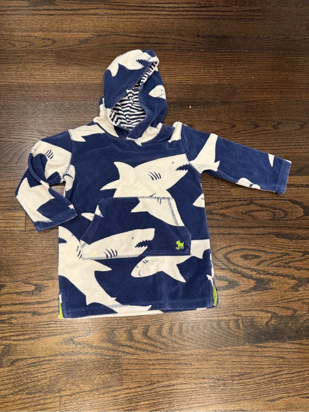 Mini Boden Boys Toweling Dress Swim Cover Up Shark Hooded Pullover Terry Cloth